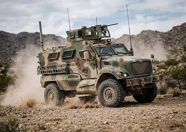 Armored Military Vehicle in Desert Terrain