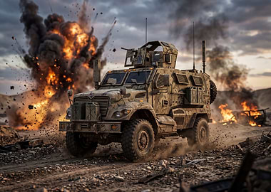 Military vehicle in combat zone