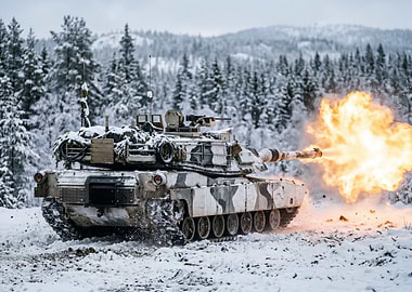 Tank firing in snowy forest