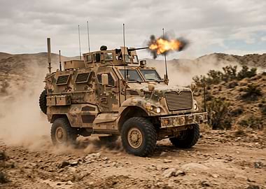 Military vehicle firing weapon in desert