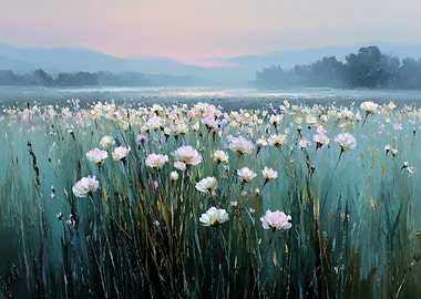 Field of White Flowers at Dusk