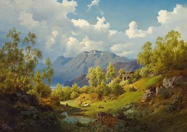 Serene Mountain Landscape with Farmhouse