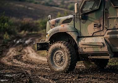 Military truck driving on muddy terrain