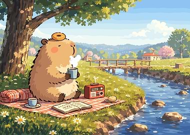 Capybara enjoying a picnic by the river
