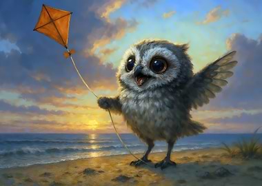 Cute Owl Flying a Kite at Sunset