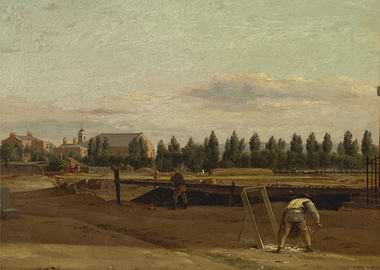 Construction Scene with Workers and Buildings