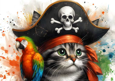 Pirate Cat with Parrot