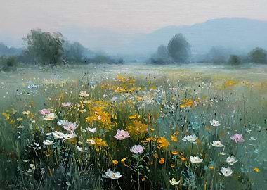 Misty Meadow with Wildflowers