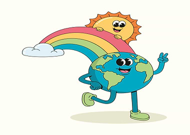 Happy Earth and Sun with Rainbow