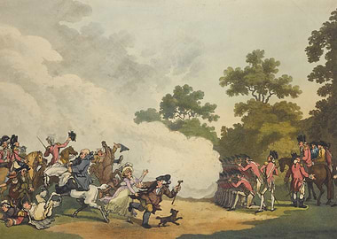 Chaotic Battle Scene with Soldiers and Civilians