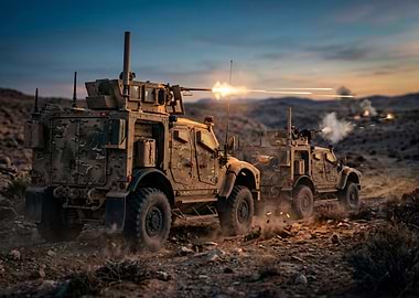 Military vehicles firing in desert