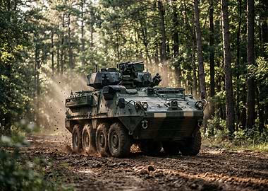 Armored Vehicle Driving Through Forest