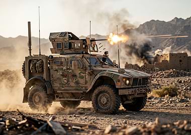 Military Vehicle Firing in Desert Combat