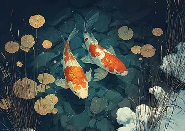 Two Koi Fish in a Pond