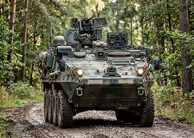 Military Stryker Armored Vehicle on Forest Road