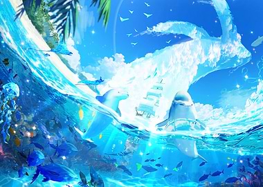 Underwater Fantasy with Dolphins and Ship