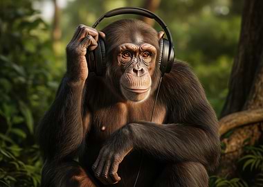 Chimpanzee wearing headphones in forest