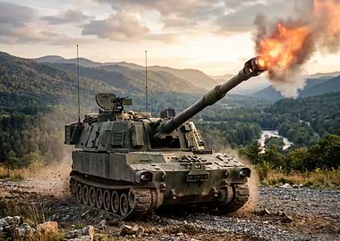 Self-propelled howitzer firing in mountains