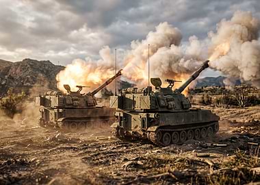 Tanks Firing in Desert Landscape