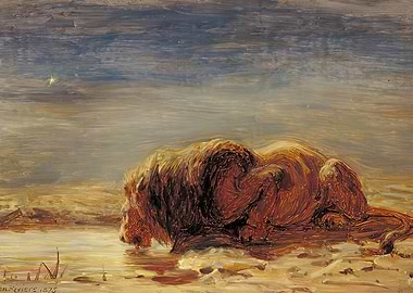 Lion drinking water under starry sky, briton riviere art