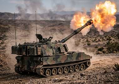 Self-propelled howitzer firing in desert