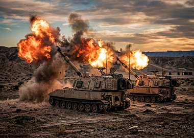 Tanks Firing Artillery in Desert