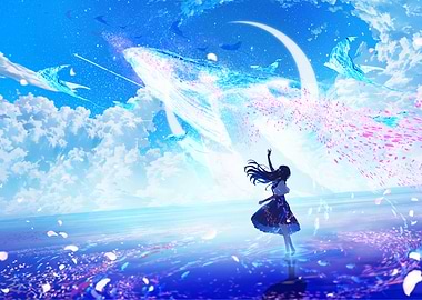Girl and Whale in a Dreamy Sky