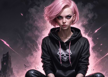 Gothic Pink Haired Girl with Skull Hoodie