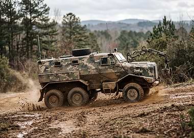 Camouflaged Military Vehicle in Mud
