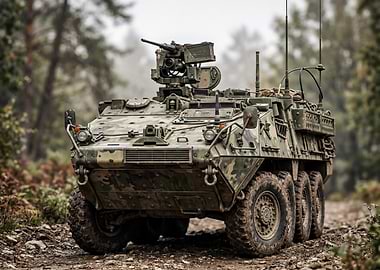 Camouflaged Military Vehicle on Forest Road