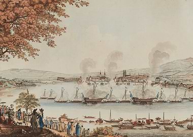 Naval Battle Scene with City in Background