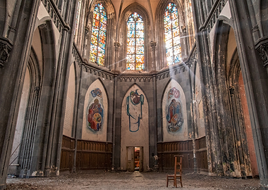 Abandoned Church Interior with Stained Glass