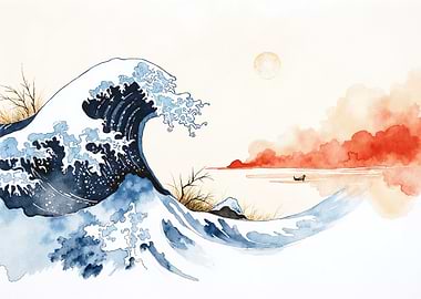 Great Wave with Sunset and Boat