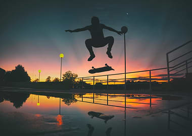 Skateboarder silhouetted against sunset