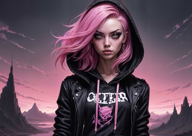 Gothic Pink Haired Woman in Leather Jacket