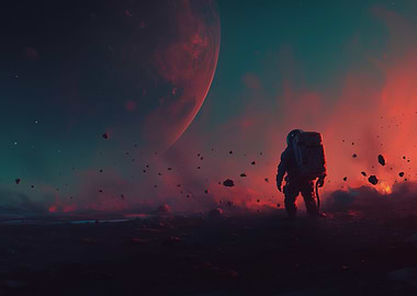 Astronaut on alien planet with large moon