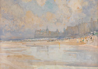 Impressionist Beach Scene with Buildings