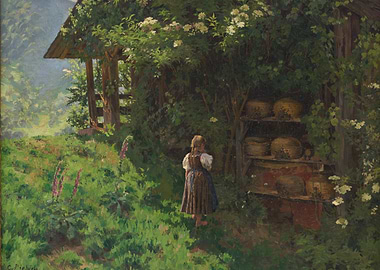 Girl by Beehives in a Garden