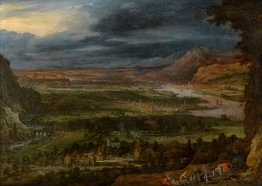 Panoramic Landscape Painting with Town and Mountains