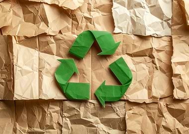Green Recycling Symbol on Crumpled Paper