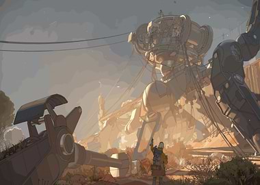 Giant Mech and Explorer in Desert Landscape