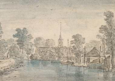 Canal scene with church and buildings