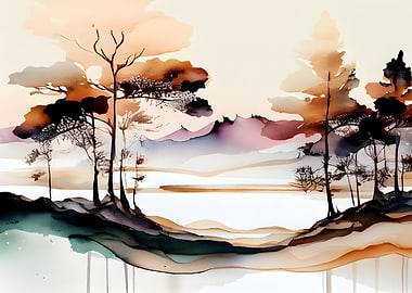 Watercolor Landscape with Trees and Water