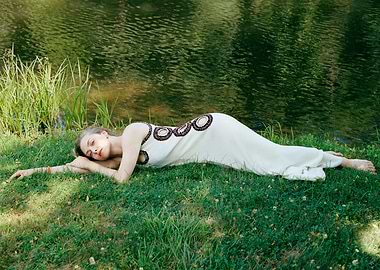 Woman in white dress by the water