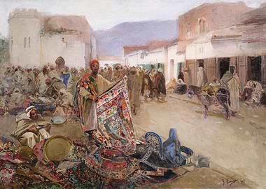 Moroccan Market Scene with Rugs