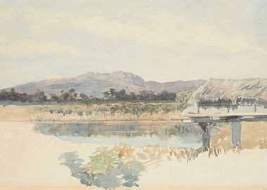 Watercolor Landscape with Hut and Mountains