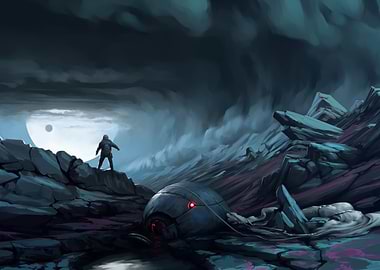 Astronaut on alien planet with crashed ship