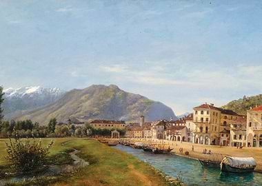 Canal town with mountains