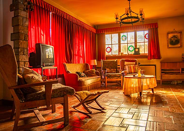 Vintage Living Room with Red Curtains