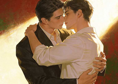 Two men embracing romantically